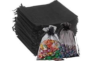 Puedno 100 PCS Organza Beutel mit Kordelzug, 7 × 9 cm Organza Säckchen Schwarze Organza Geschenk Schmuckbeutel für Hochzeit Süßigkeiten Party Weihnachten