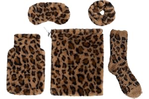 OHS Hot Water Bottle Leopard Print Gifts Set for Women Winter Christmas Gifts - 750ml Hot Water Bottle with Soft Faux Fur Cover, Eye Mask, Fluffy Socks, Fluffy Scrunchie, Draw String Bag - 5 Pc Set