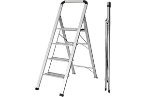 UZIRO Escalera 4 Peldaños, Escaleras Plegables de Aluminio Liviana, Decorativa, Peldaños Anchos Antideslizantes, Mecanismo Antiplegado, Compacta, Fácil de Guardar (4 Peldaños)