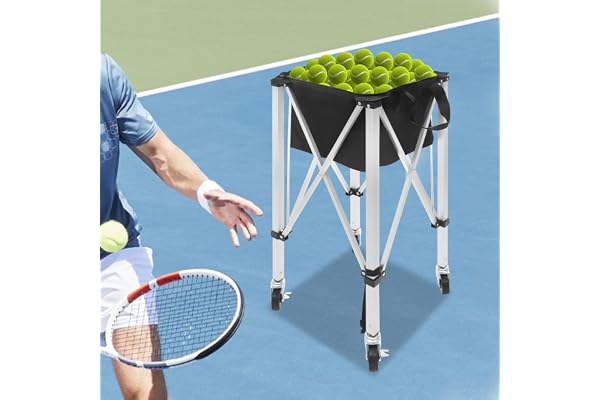 YEITBY Lätt tennisbollkorg med hjul, vikbar behållare av aluminium, tar 150-170 bollar, inkl. avtagbar väska och bärbar sportundervisningsvagn för tennisspelare