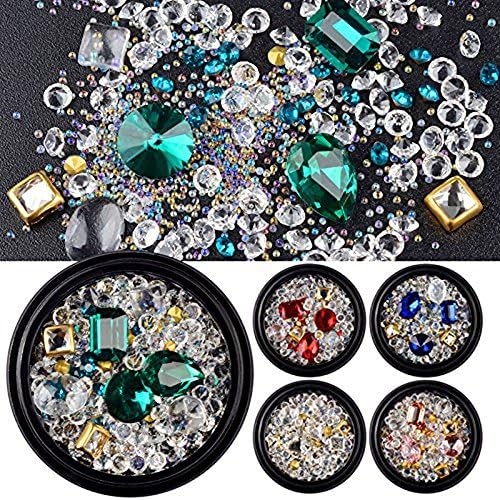 Honearn Nail Art Gems And Rhinestones, Fashion Nail Art Glitter Diamonds Punk Gold Metal Tips Mixed 3D Tips DIY Decoration(5 Box) with A Free White Nail Art Pen