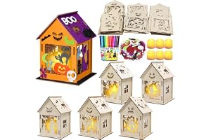 Halloween hus pysselset barn, 6 stycken träpyssel hus med LED-ljus, gör-det-själv kreativa set halloween dekoration pysselset