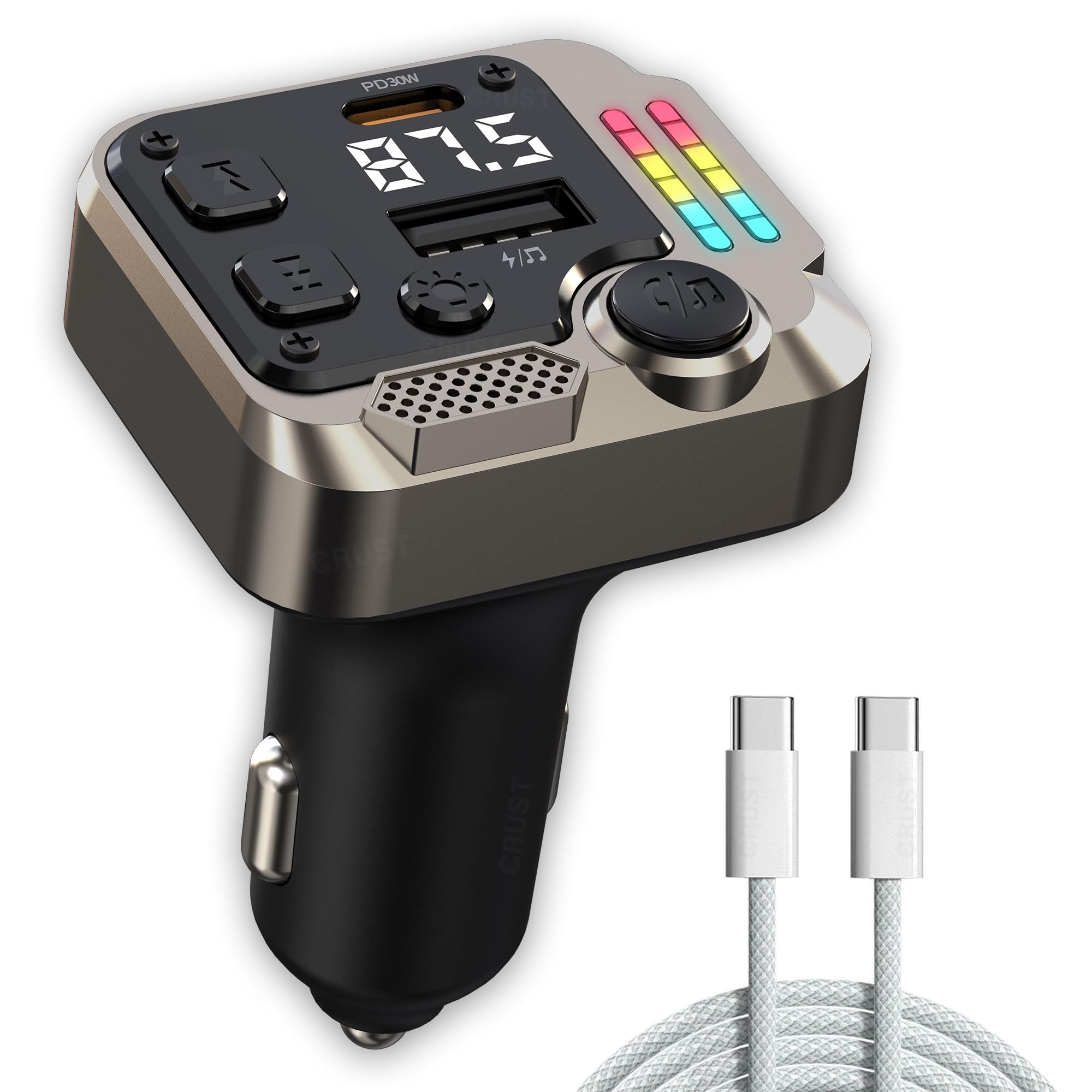 CRUST CS60 Car Bluetooth Receiver Device for Music System, FM Transmitter, Big Mic for Hands-Free Calling, 45W PD/USB Fast Car Charger, BT v5.3, Music-Sync Lights, USB MP3 Playback, Metal Rim Design