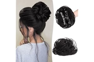 RUWISS Claw Clip Hair Bun Extension 100% Human Hair Wavy Chignon Natural Black 13cm