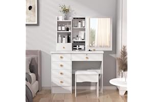 tekrabea Dressing Table with 6 Drawers, Vanity Desk with Mirror, Storage Shelves and Stool, Makeup Desk for Bedroom, Modern Makeup Table with Mirror and Chair, White