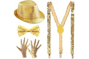 HSLXBY 4 Stück Pailletten Kostüm Gold,Glitzer Accessoires Herren,Pailletten-Bowler-Hut,Pailletten-Träger,Paillettenschleife und Handschuhe,Geeignet für Disco-Partys, Rave-Karneval, Rollenspiel-Partys