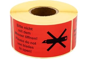 MD Labels Etiquetas de advertencia en rollo de 100 x 50 mm – 500 Por favor, no abras con el cuchillo. No utilices blades to abierto. - Etiquetas de envío - Instrucciones de envío - Etiquetas adhesivas
