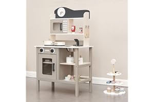 KIDOZ ONLINE KIDS SHOP Kidoz Essential Kids Wooden Kitchen, Large Pretend Role Play Toy Kitchen With Utensils, Oven, Microwave, Clock & Sink With Taps, Pretend Kitchen Playset Toy with Accessories for Kids (Warm Grey)