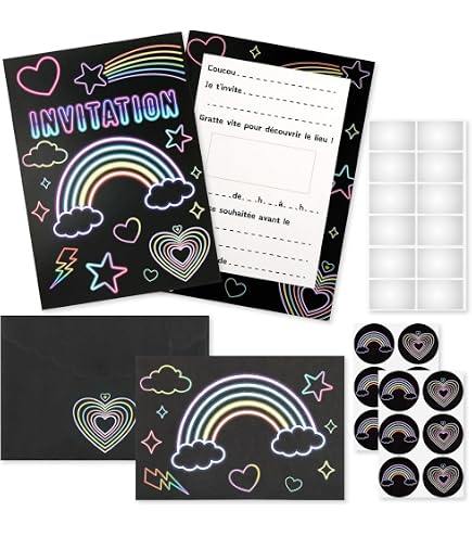 18 Cartes D'invitation Anniversaire à Gratter Thème Néon + 20 Autocollants - En Français, Prêtes à Remplir - 6