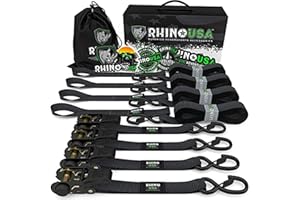 Rhino USA Sangles d'arrimage à Cliquet - Résistant à la Rupture 826 kg, 4 Sangles à Cliquet et Poignées Rembourrées 2.5 cm x 4.5 m - Sangles de Fixation pour Déménagements et Arrimage