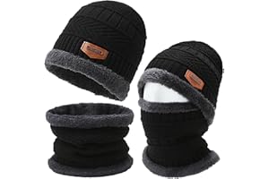 Axinyijia Ensemble Bonnet Tour de Cou Homme Hiver, Bonnet d'hiver Doublés de Polaire et Cache Cou Homme, Chapeau et Écharpe à Boucle pour Hommes