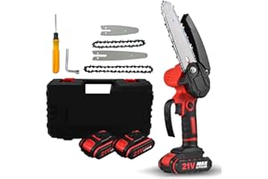 Cornesty Mini tronçonneuse 4 pouces 6 pouces tronçonneuse portable avec verrou de sécurité 2 chaînes 21V tronçonneuse rechargeables sans fil pour branches coupe de bois coupe d'arbres rouge