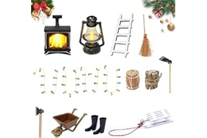 songyea Kit d'accessoires miniatures maison poupée - Accessoires lutin - Meubles Noël - Cheminée incandescente - Lampe à pétrole - Bottes foin - Bottes en caoutchouc - Chariot - Balai - Bois Petit