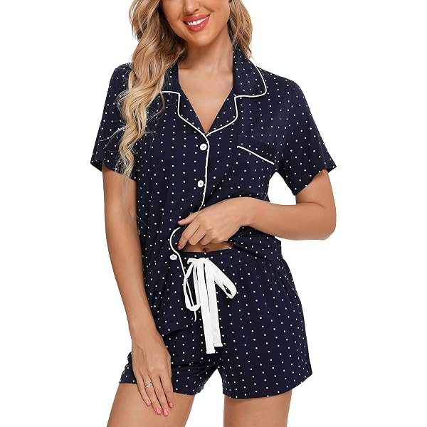 Anjue Women's Button Down Pajama Set | Short Sleeve Pjs With Drawstring Shorts - Blue, XXL - View #8