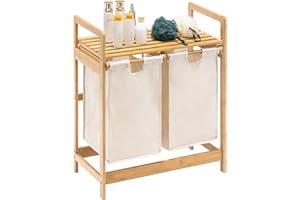 YOUDENOVA Cesto para la ropa sucia de bambú con estante, 2 bolsas de lavandería extensibles, 2 compartimentos, 73 x 64 x 33 cm, color marfil