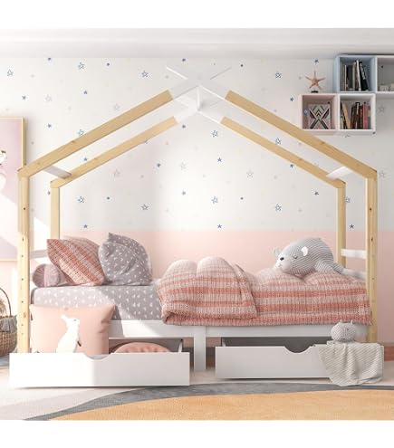 Lit Cabane Enfant Paloma 90x190 Cm Avec Tiroir - Blanc, Bois De Pin, Barrière De Sécurité - 4