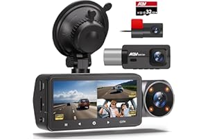AQV Cámara de Coche 2K 1440P+1080P+1080P Dashcam 3 Lentes, Visión Nocturna Infrarroja IR, Tarjeta SD 32GB, 3.16 Pulgadas, Sensor G, Grabación en Bucle, WDR, Monitorización de Aparcamiento MAX 128GB