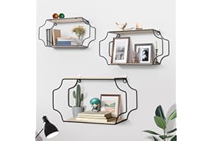 Votoko Lot de 3 Étagères Murales, Etagere Murale Suspendues en Bois et Métal, Étagère Murale sans Percage pour Décoration et Rangement dans la Salle de Bain, Le Salon, la Cuisine et la Chambre