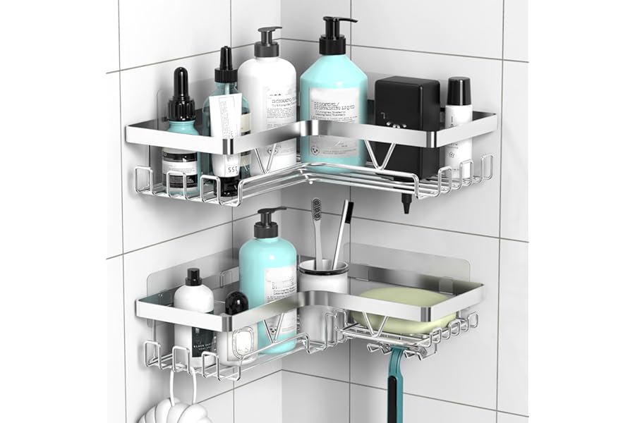 KEGII Corner Shower Caddy - Shower Organiser No Drilling Shower Shelf Adhesive Shower Storage Rack for Bathroom, Stainless Steel Silver