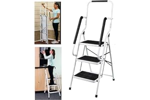 LUCN Trittleiter 3 Stufen klappbar mit Handlauf, Klapptritt aus Stahl mit Haltebügel und gummierten Stufen, Stehleiter - einfach zu verstauen, Klapptreppe bis 150 kg