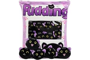 GDGZT Black Cat Plush Pillow, Removable Cat Plush Toy, Pudding Cat Pillow Bag with Kitty Dolls, Cute Cat Gift for Teenagers, Girls, Kids Birthday (8 Purple Kittens)