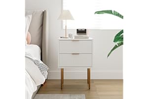 HEYZOEY Bedside Table with 2 Drawers, Modern Bedside Cabinet, Boho Bedside Table for Bedroom, Living Room, White and Gold