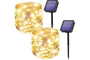 OWWASD [Lot de 2] Guirlande Lumineuse Exterieur Solaire,2x14m 120 LED Guirlande Guinguette Solaire Exterieure Étanche 8 Modes Décoration Lumière pour Jardin, Cour, Maison, Noël, Mariage, Fête(Blanc chaud)