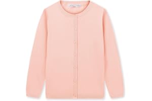 CUNYI Girls Crewneck Cardigan Long Sleeve Lightweight Button-up Cotton Knit Sweater School Uniform for Girl