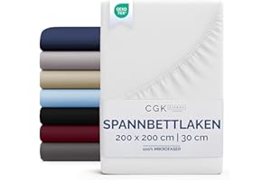 ‎CGK UNLIMITED Spannbettlaken 200x200cm - Tiefes Spannbetttuch für Matratzen bis 30cm Höhe (12") - Weiche Gebürstete Mikrofaser - Knitterfrei, Schrumpf- & Farbbeständig - Oeko-TEX Zertifiziert Weiß Bettlaken