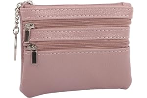 Apradas Mini Leather Coin Purse with Key Ring, 3 Zipper Pockets Wallet Card Holder with Key Ring Cash Pouch Small Coin Purse Wallet for Men Women Pink