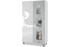 Vladon Vitrine Denjo, Made in Germany, Standvitrine mit 2 Türen und 3 Glaseinsätzen, Weiß matt/Weiß Hochglanz/Beton Oxid-Optik (71 x 129 x 35 cm)