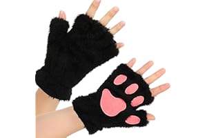 COMNICO Rękawiczki z łapami kota, miękkie, pluszowe, bez palców, kreskówka, zwierzęta, kot, pazury, rękawiczki zimowe na Halloween, Boże Narodzenie, Cosplay, akcesoria kostiumowe, czarny, 7,48 × 6,1 ×