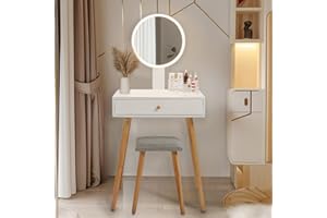 Ezigoo Small Dressing Table with Adjustable LED Mirror & Stool, 60cm Compact Makeup Desk with Drawer, Modern White Vanity for Bedroom, Girls, Gift