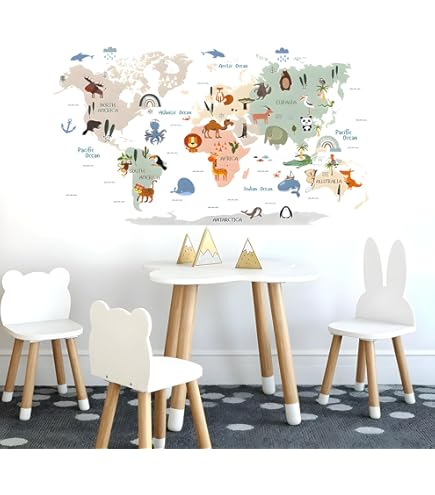 Pegatinas De Pared Mapa Del Mundo Con Animales - Removibles, Coloridas, Para Dormitorios Infantiles