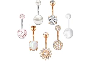 Funseedrr 7pcs Piercing Ombligo 14G 10mm Acero Quirúrgico Barra Barbells Ópalo Perla CZ Retainer Cuerpo Piercing Joyas Mujeres
