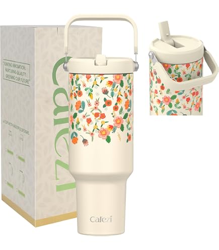 Hydrapeak Voyager 40 Oz Tumbler - Insulated Stainless Steel, Straw Lid, Handle, 24hr Cold/12hr Hot, Abstract Leaf Design