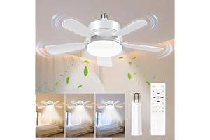 Toowell Small Light Bulb Fan Ceiling Fans with Lights E26 E27 Screw in Fan Light with Remote Control 6 Speeds 3 Colors Dimmable with Timer Function Ceiling Fan Light Bulb for Bedroom Kitchen Garage