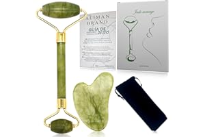 ALIMAN BRAND Rullo di giada per il viso + Gua Sha + Guida all'uso + Sacchetto di Imbottitura - Massaggiatore Viso e corpo - Migliora i segni dell'invecchiamento - Anti Rilassante – Gua Sha Viso (Set Jade)