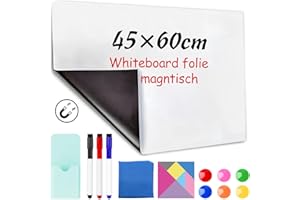 CHMMY Tableau Blanc Magnétique Adhésif 45×60cm, Film Effaçable Autocollant, 3 Feutres, 6 Aimants, Porte-Crayon Magnétique, Tissu et Puzzles