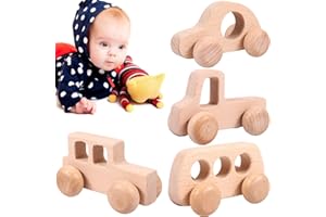 LITTLEDUCKLING Wooden Cars Push & Pull Along Toys for Toddlers 6-18 Months, Montessori Toys Natural Beech Wood Baby Push Cars (4pcs)