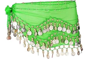 SamHeng Damen Bauchtanz Gürtel Chiffon Hüfttuch, Bauchtanz Münztuch Bauchtanz Münzgürtel Tanztuch Bauchtanz Kostüm mit 128 Münzen für Mädchen Frau für Performance Kostüm Bauchtanz Yoga Kurs