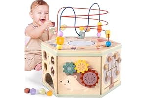 aiwo Wooden Activity Cube Baby Toys for 1 Year Old, Bead Maze Shape Sorter for Toddler, Montessori Educational Toys 1st Birthday Gift for Kids Age 12 Month+