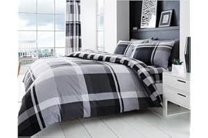 GC GAVENO CAVAILIA Checkered Duvet Cover Sets, 3 pcs, Soft & Warm Polycotton Printed Bedding Double Bed Set, Grey