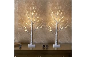 Eambrite Set of 2 Small Birch Twig Tree Lights Photo Display Tree with 24 Warm White LEDs Battery Operated Tabletop Decoration for Xmas Home Party Wedding (60cm/2ft)