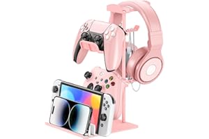 KDD Stojak na słuchawki gamingowe, uchwyt na kontroler i słuchawki, stojak na słuchawki z aluminiowym drążkiem, uniwersalny stojak na słuchawki, kontroler, iPad, telefon komórkowy (róża)