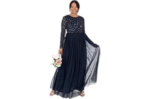 Maya Deluxe Sukienka Kobiety Women's Ladies Maxi Dress Long Sleeve Round Neck Sequin Embellished Tulle Floral A-line for Occasion Prom Ball Gown (1 w zestawie)