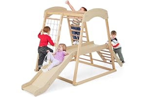 COSTWAY Kids Climbing Frame, Wooden Playground Jungle Gym with Slide, Climbing Ladder/Rope, Monkey Bars, Indoor Climber Playset for Toddlers (Natural)