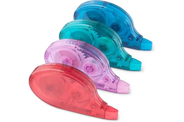 Amazon Basics korrigeringstejp, 4-pack, rulle, penna, musform, torkar omedelbart, 12m lång, grön, lila, röd