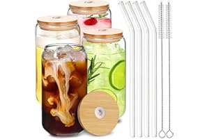 PIMDYGO Lot De 4 Verre Canette, 500ml Verre avec Paille, Réutilisables Verre avec Couvercle et Paille, Verre Bubble Tea, Verre Smoothie, Bubble Tea Cup pour Café Glacé, Cocktail, Soda, Bière