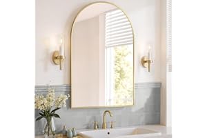 SONGMICS Miroir Salle de Bain, Miroir Mural Arqué, Cadre en Aluminium, 91 x 61 cm, avec Film de Sécurité, Montage Facile, pour Salon, Chambre, Salle de Bain, Doré Clair LWM011AB01